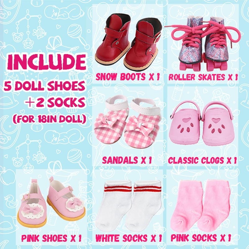 Wiydsha Store 18 inch Doll Shoes - 5 Pairs of Different Types (Boots/Roller Skates/Sandals/Clogs) + 2 Pairs of Pink/White Socks 18 in Doll Accessories 18‘’Pink American Doll Accessories - Image 2